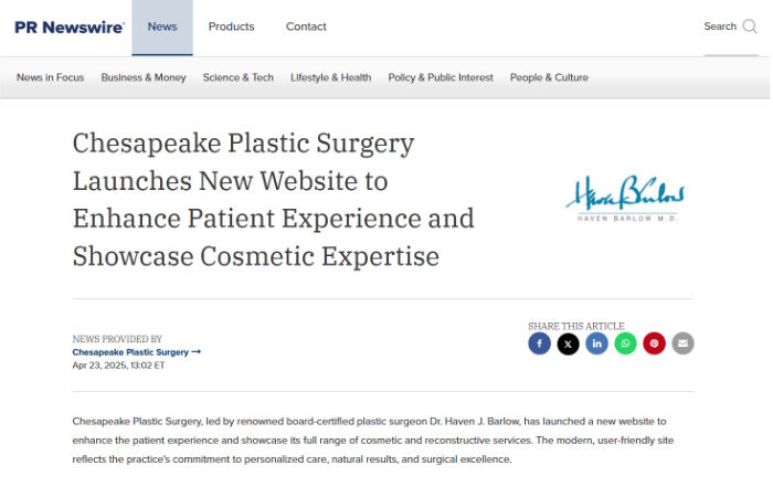 Screenshot of a PR Newswire article announcing Chesapeake Plastic Surgery's new website launch to improve patient experience and highlight cosmetic and reconstructive services.