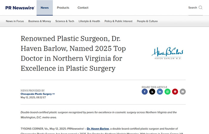 Screenshot of a PR Newswire article announcing Dr. Haven Barlow as the 2025 Top Doctor in Northern Virginia for excellence in plastic surgery, with text and a signature shown.